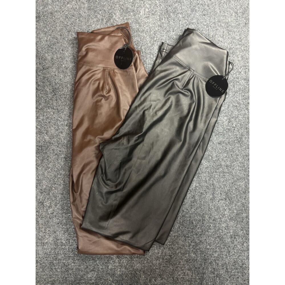 Set Of 2 Offline by Aerie Small Brn & Blk Faux Leather High Waisted Leggings NWT
